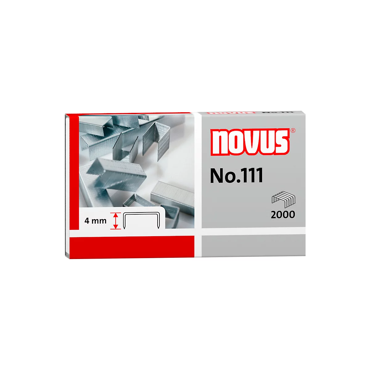 Nahaufnahme einer Heftklammerpackung mit der Aufschrift "NOVUS No.111" und einer Darstellung der Klammergröße: 4 mm.
