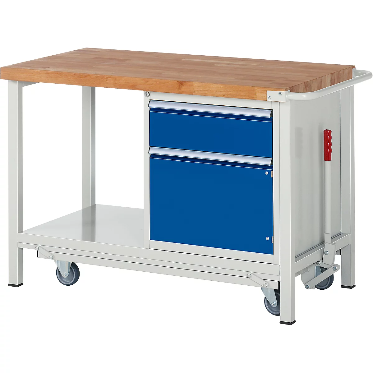 Workbench with wooden top, blue drawers, white frame, and wheels.