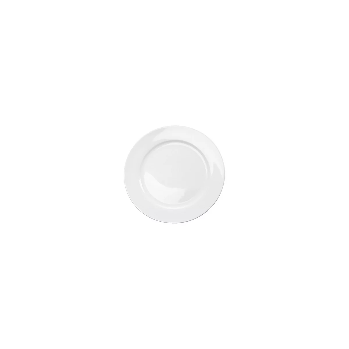 A white plate with a curved surface. The shape is round, with a slightly raised edge.