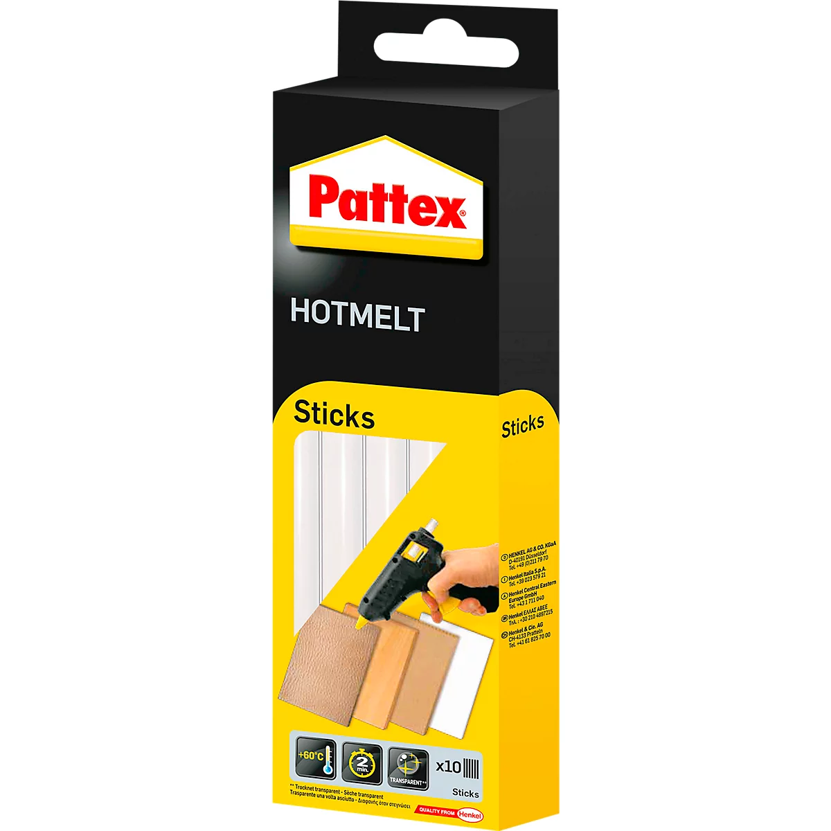 Heißklebepatronen Pattex® Hotmelt, geeignet für Heißklebepistolen, Schmelztemperatur 200°C, B 68 x T 200 x H 28 mm, transparent, 10 Stück