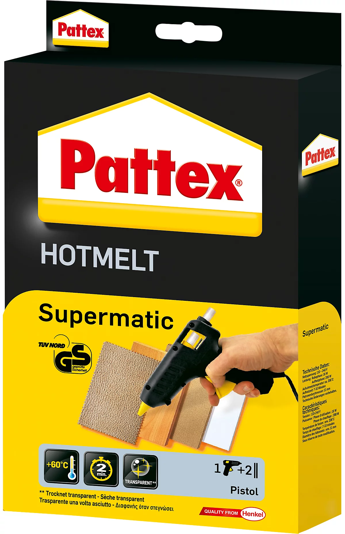 Heißklebepistole Pattex® Hotmelt Supermatic, mechanischer Vorschub, elektronischer Temperaturregler, Standbügel, 2 Heißklebesticks, schwarz-gelb