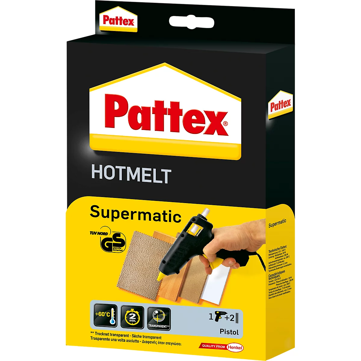 Heißklebepistole Pattex® Hotmelt Supermatic, mechanischer Vorschub, elektronischer Temperaturregler, Standbügel, 2 Heißklebesticks, schwarz-gelb