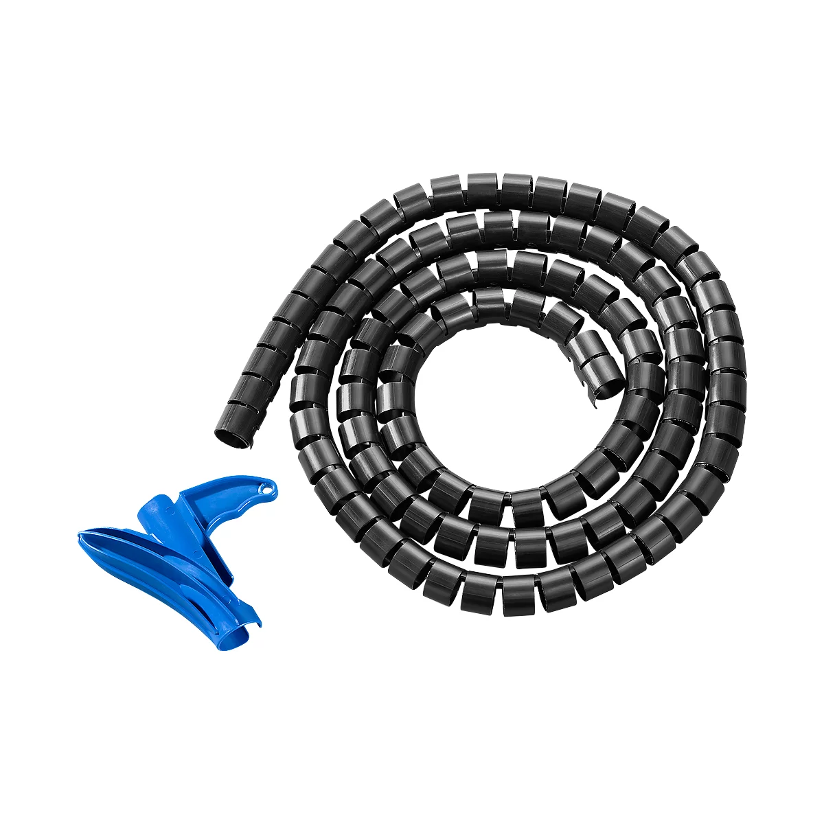 Black cable spiral and blue threading aid, twisted on a white background.