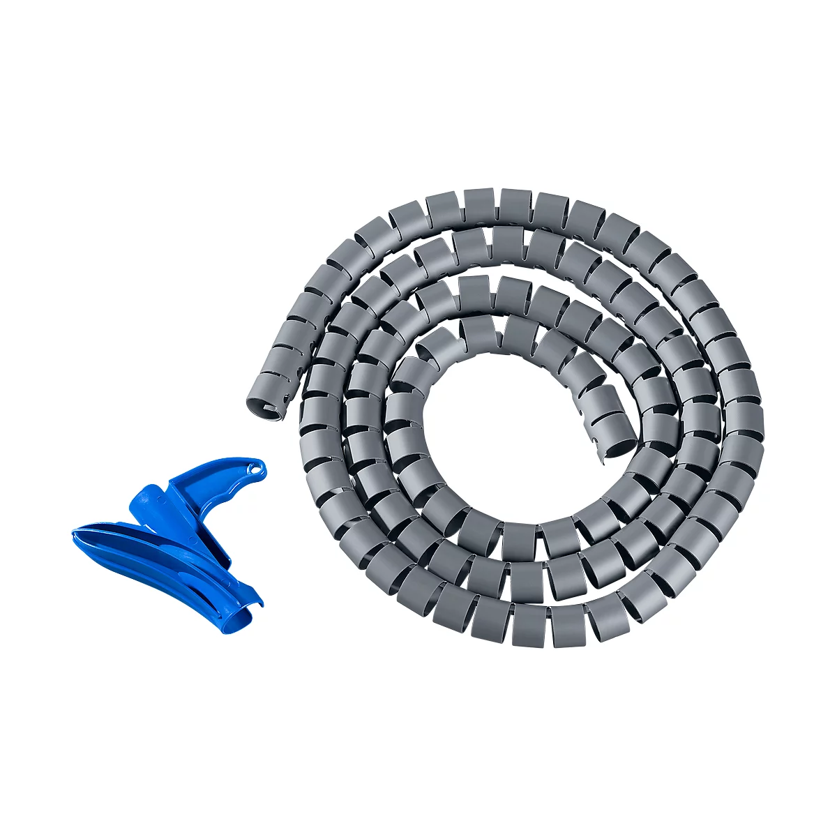 Gray cable spiral and blue mounting aid on a white background.