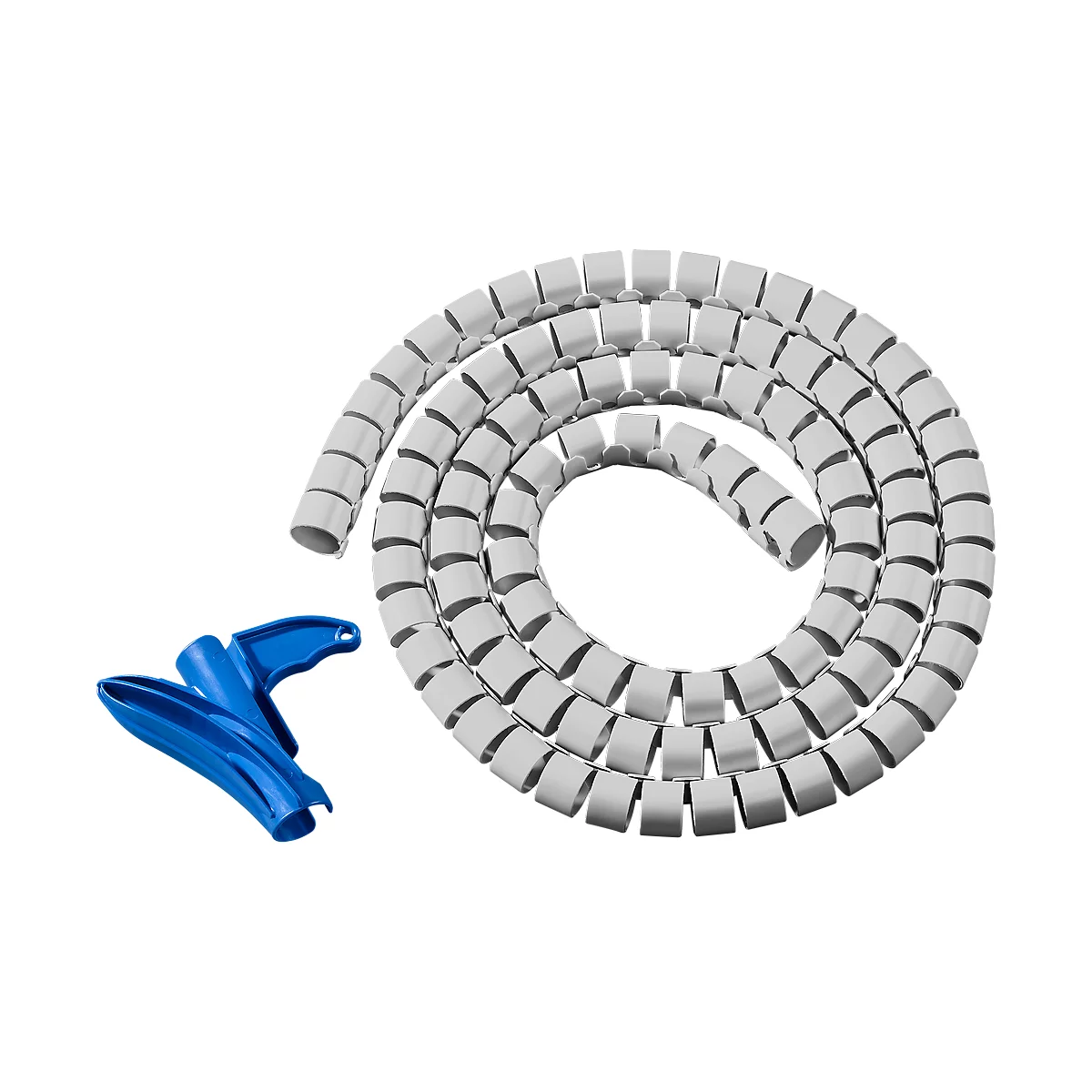 White spiral hose with blue tool. The hose is wound spirally.