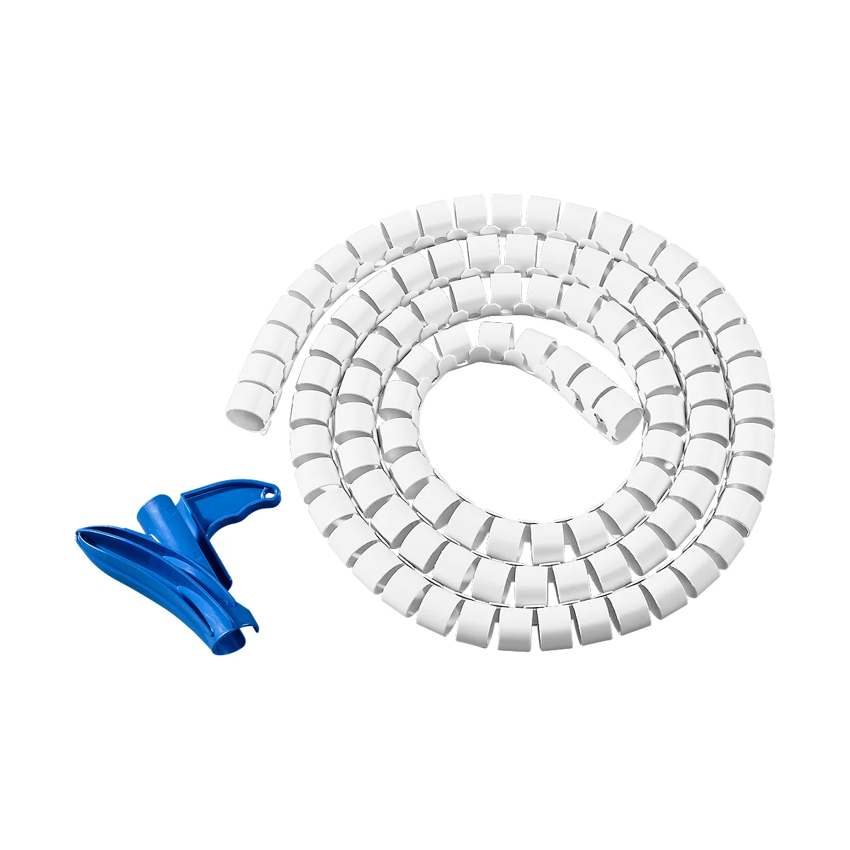 White cable spiral protection tape in a spiral, next to a blue tool.