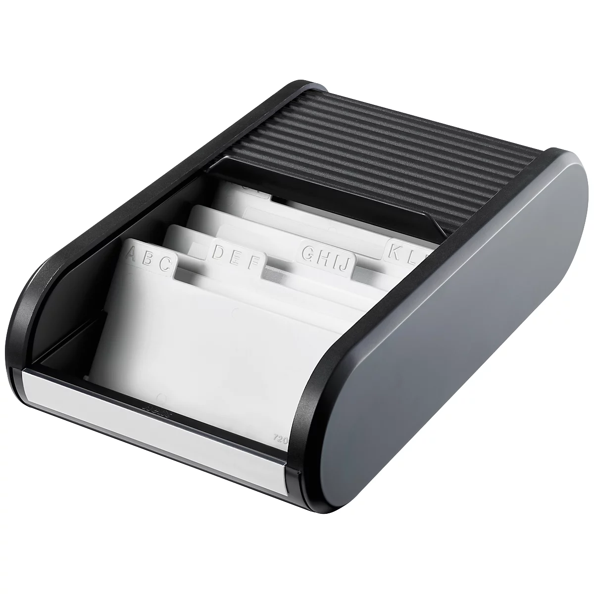 Grey business card box with black roller shutters. Letters are written in white index cards.