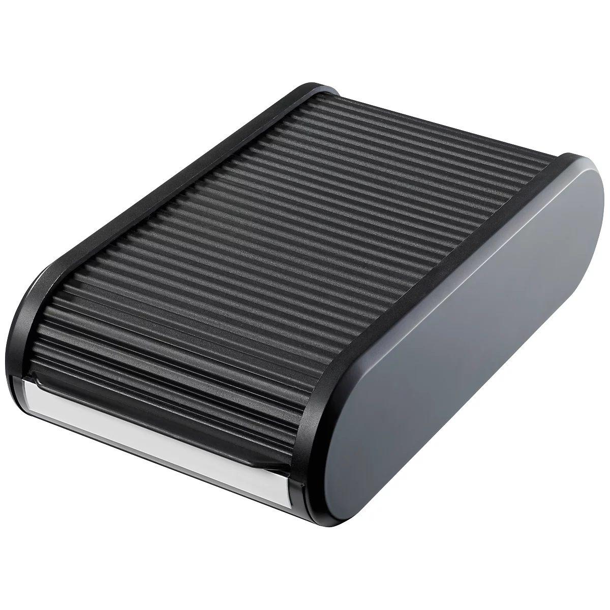 Dark, ridged box with rounded corners and a lid. The housing is dark gray, the corners and frame are black.