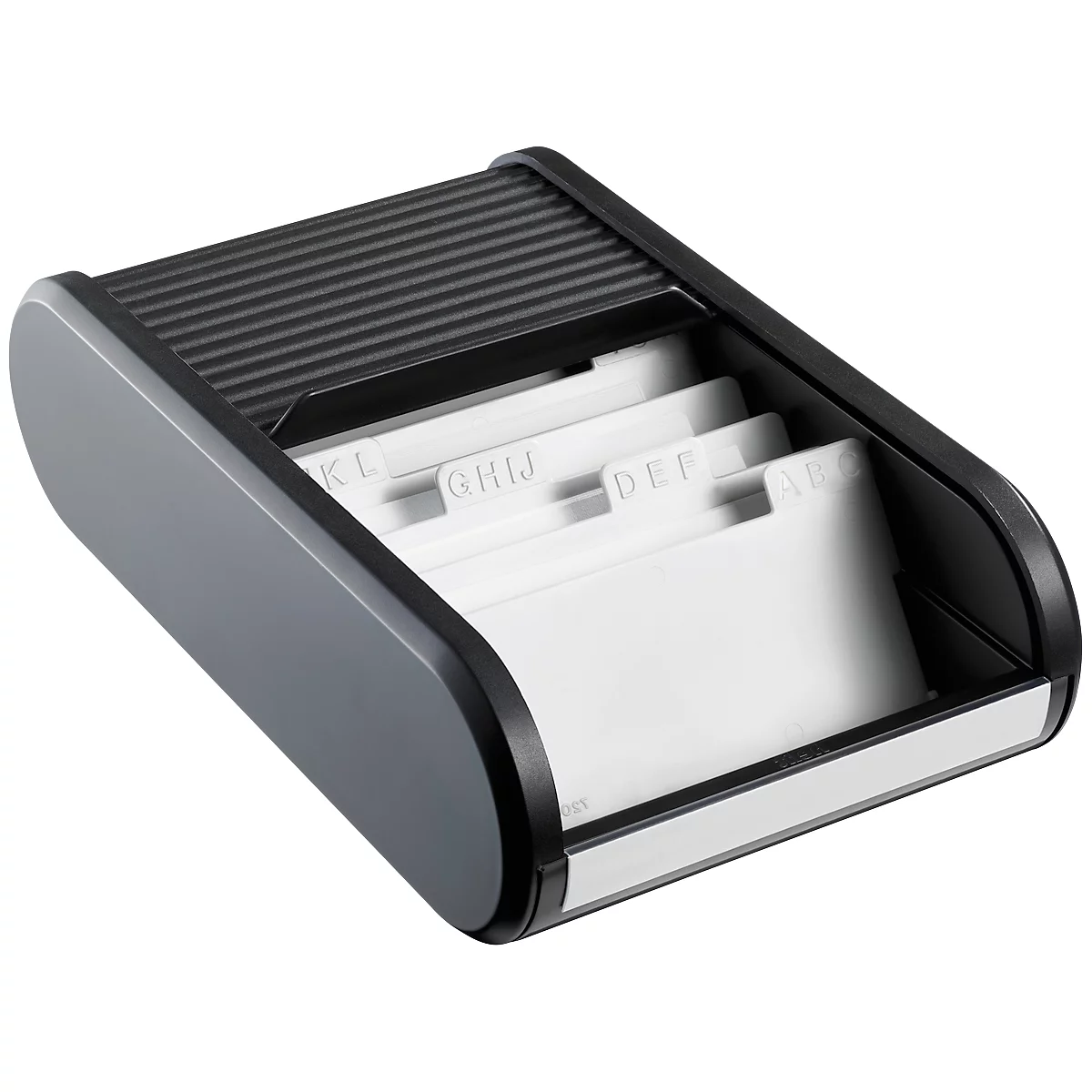 Black business card box. Gray sides, ribbed cover, white index cards with letters. Detail shot.