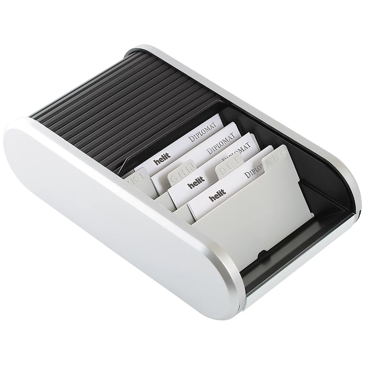 Silver business card box with black slats and inserted cards.