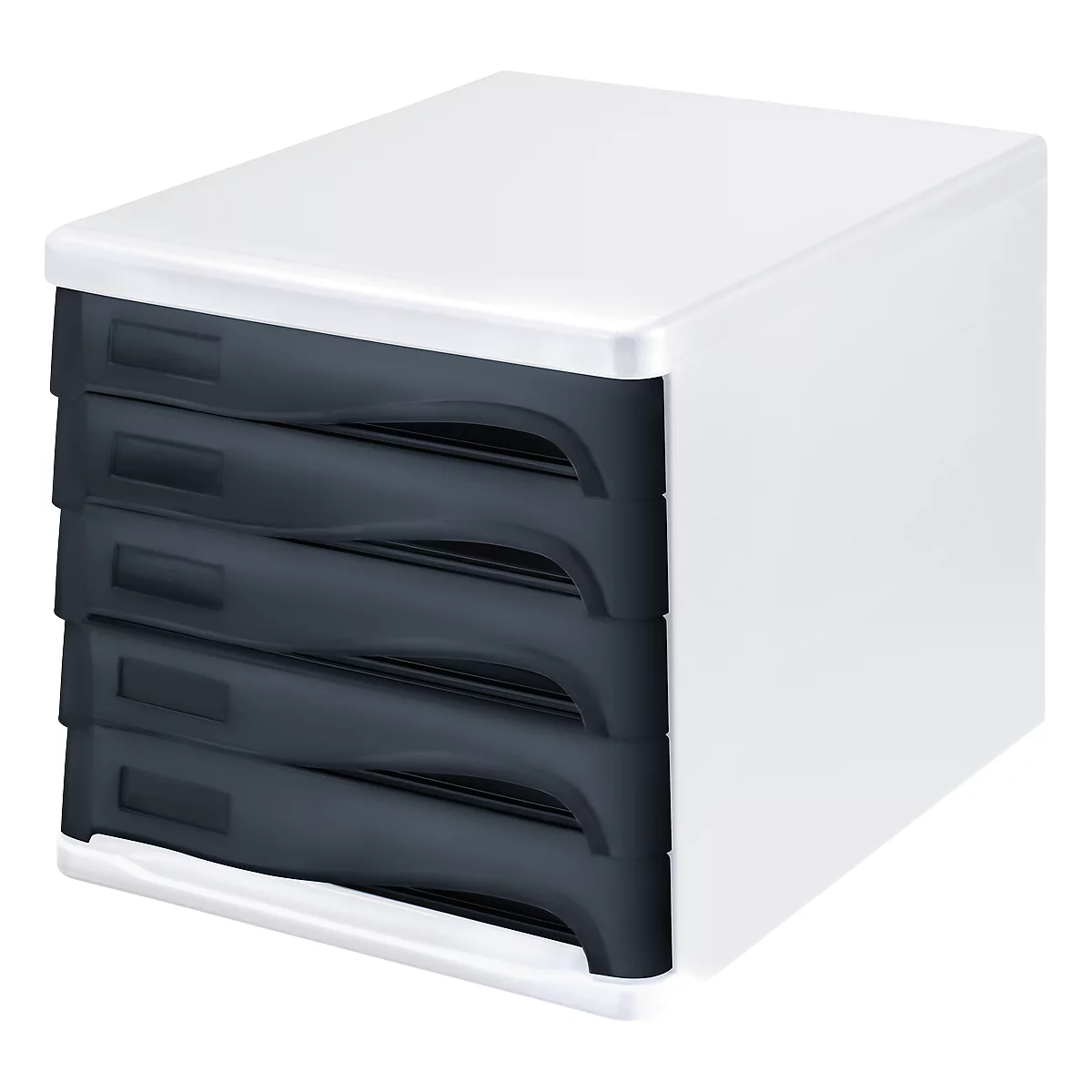 White drawer system with four gray drawers. The drawers have a curved handle and stack on top of each other.