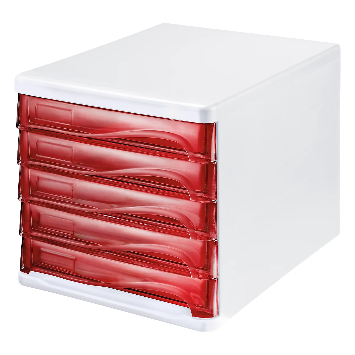 White drawer system with five red drawers. Photographed on a light background.