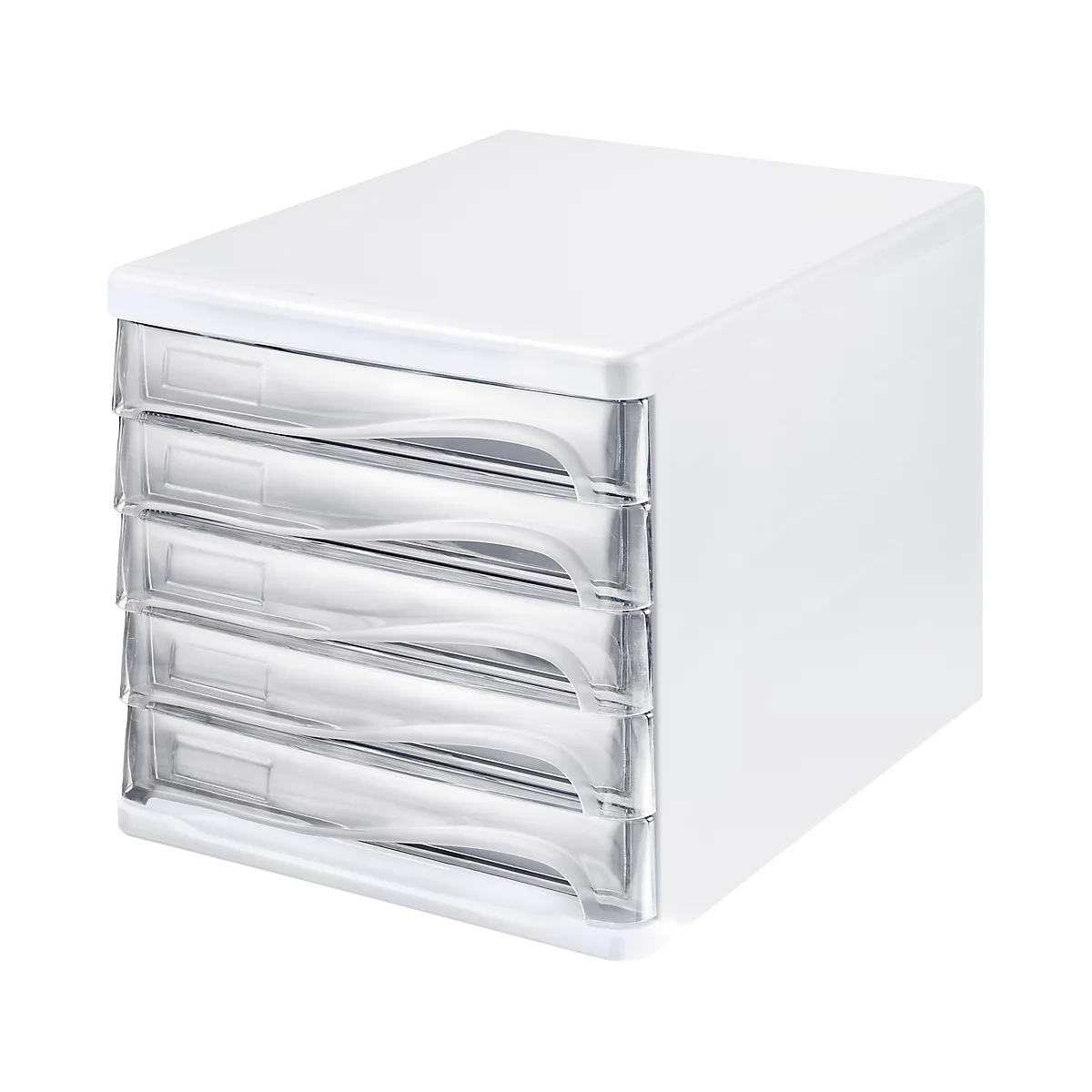 White desk organizer with 5 transparent plastic drawers. Each drawer has a curved recess for a handle.