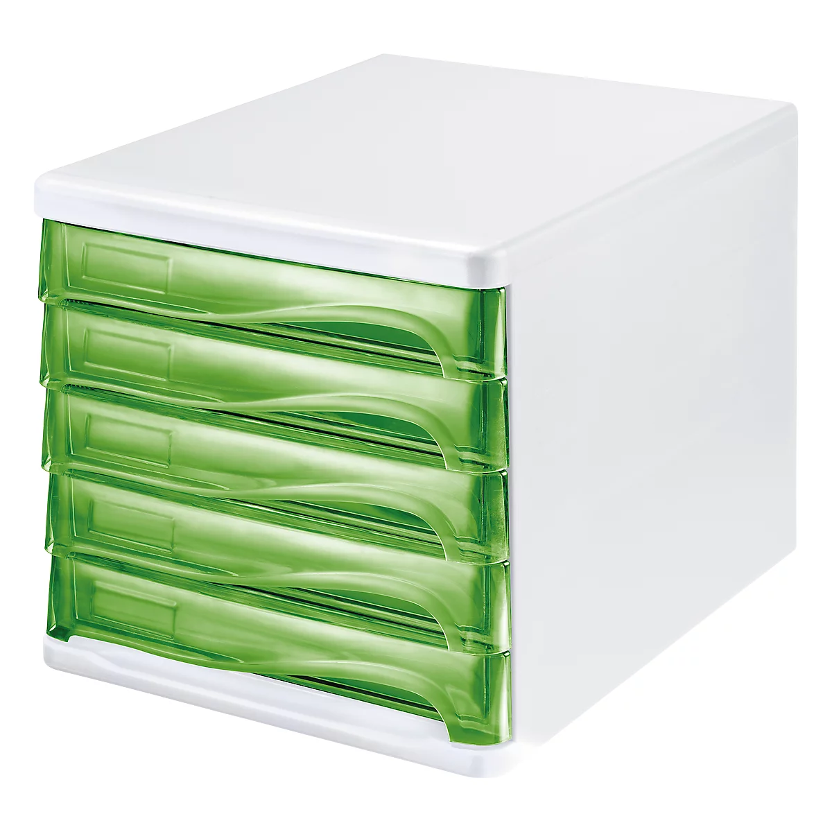 White document organizer with four transparent green drawers.