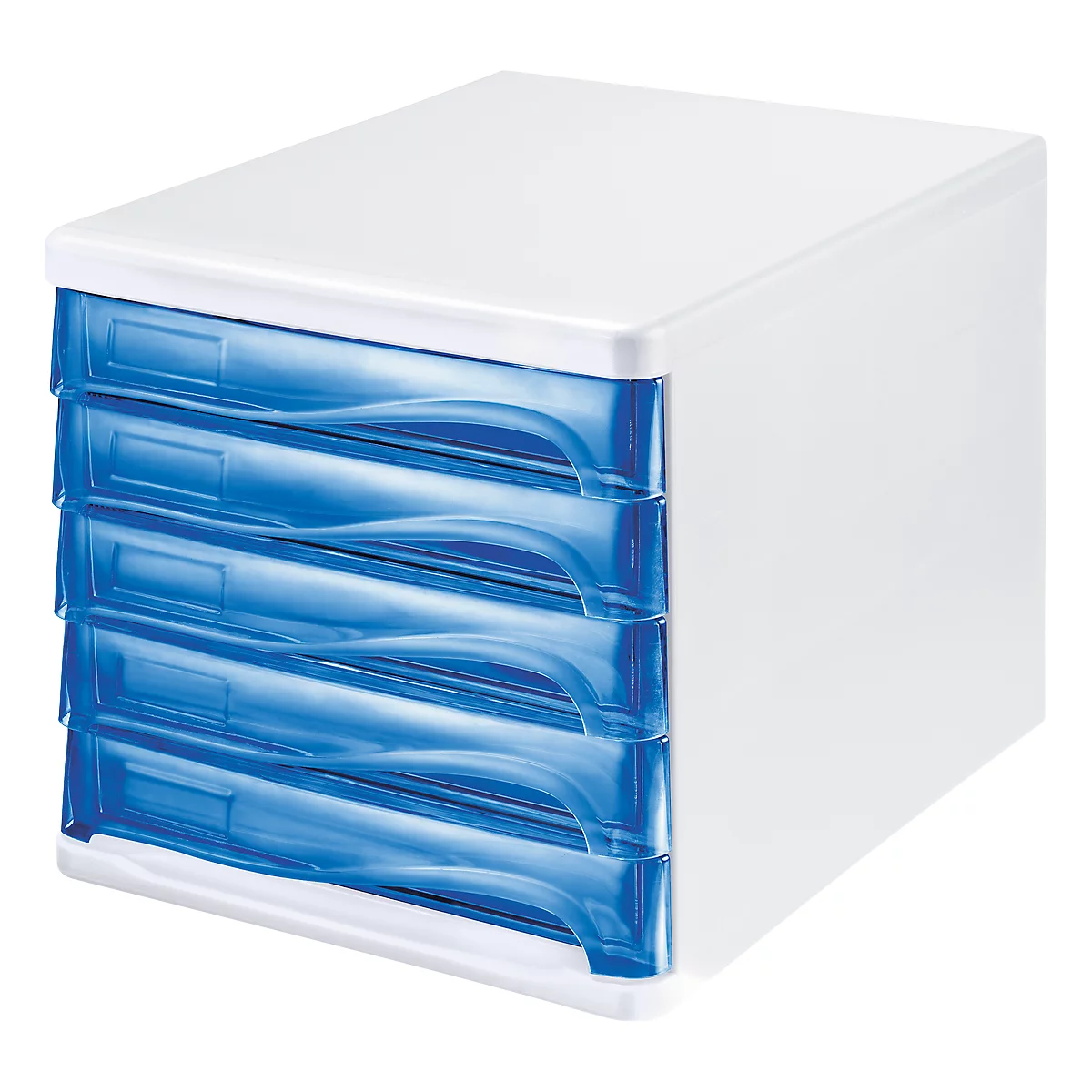 helit Schubladenbox, 5 Schübe, DIN A4, Polypropylen, Gehäuse weiss/Schublade blau transparent