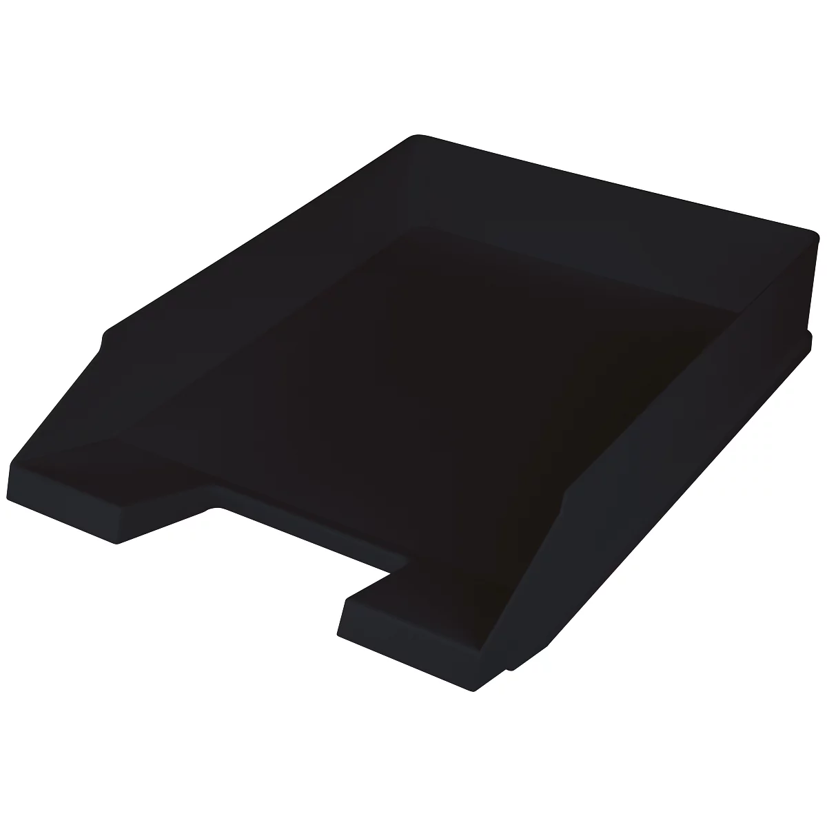 Black document tray, made of plastic, set at an angle.