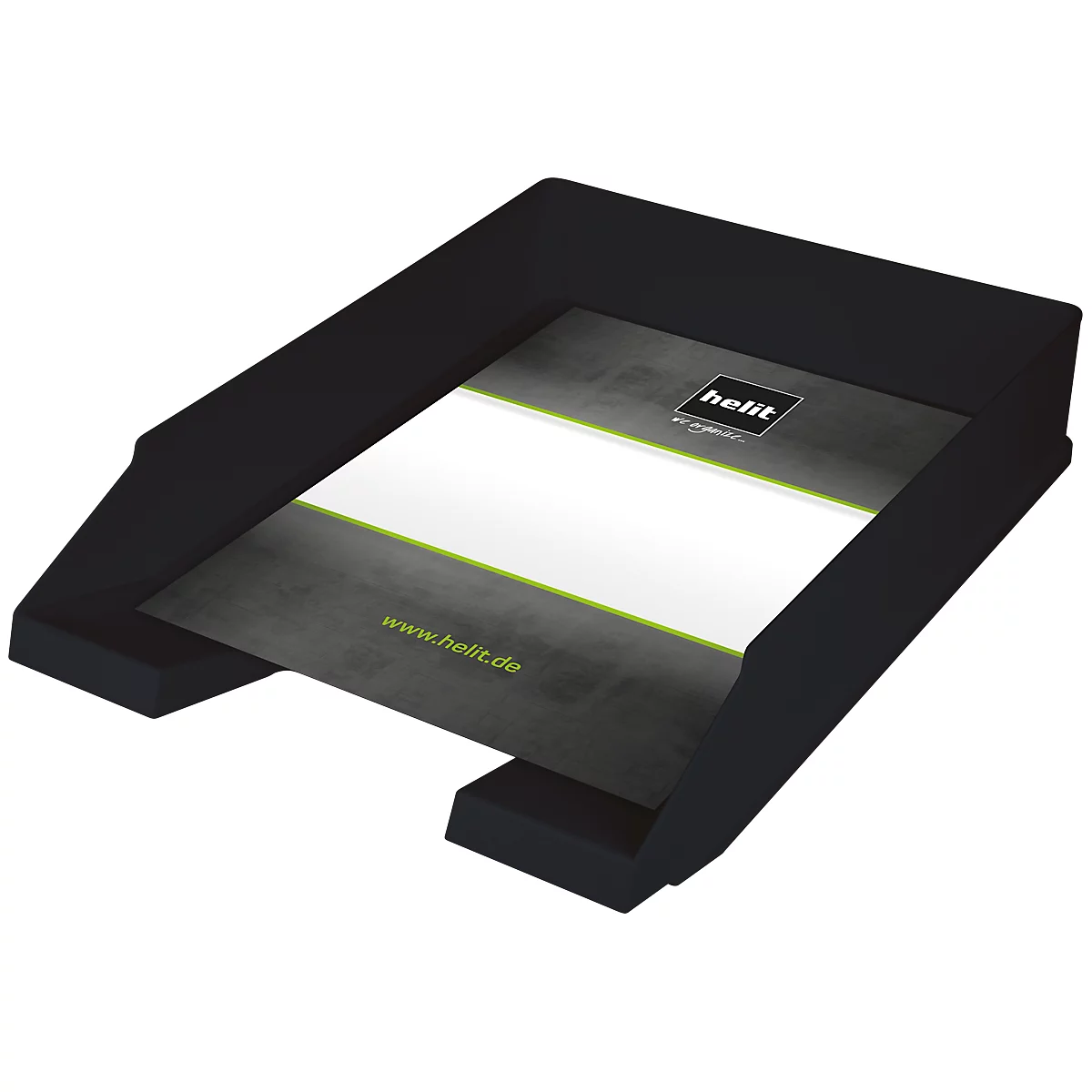 Black paper tray with advertising sign. The sign says "helit" and "www.helit.de".