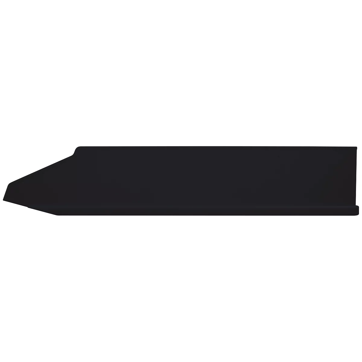 Black, rectangular element with a beveled corner and slight curvature on one side.