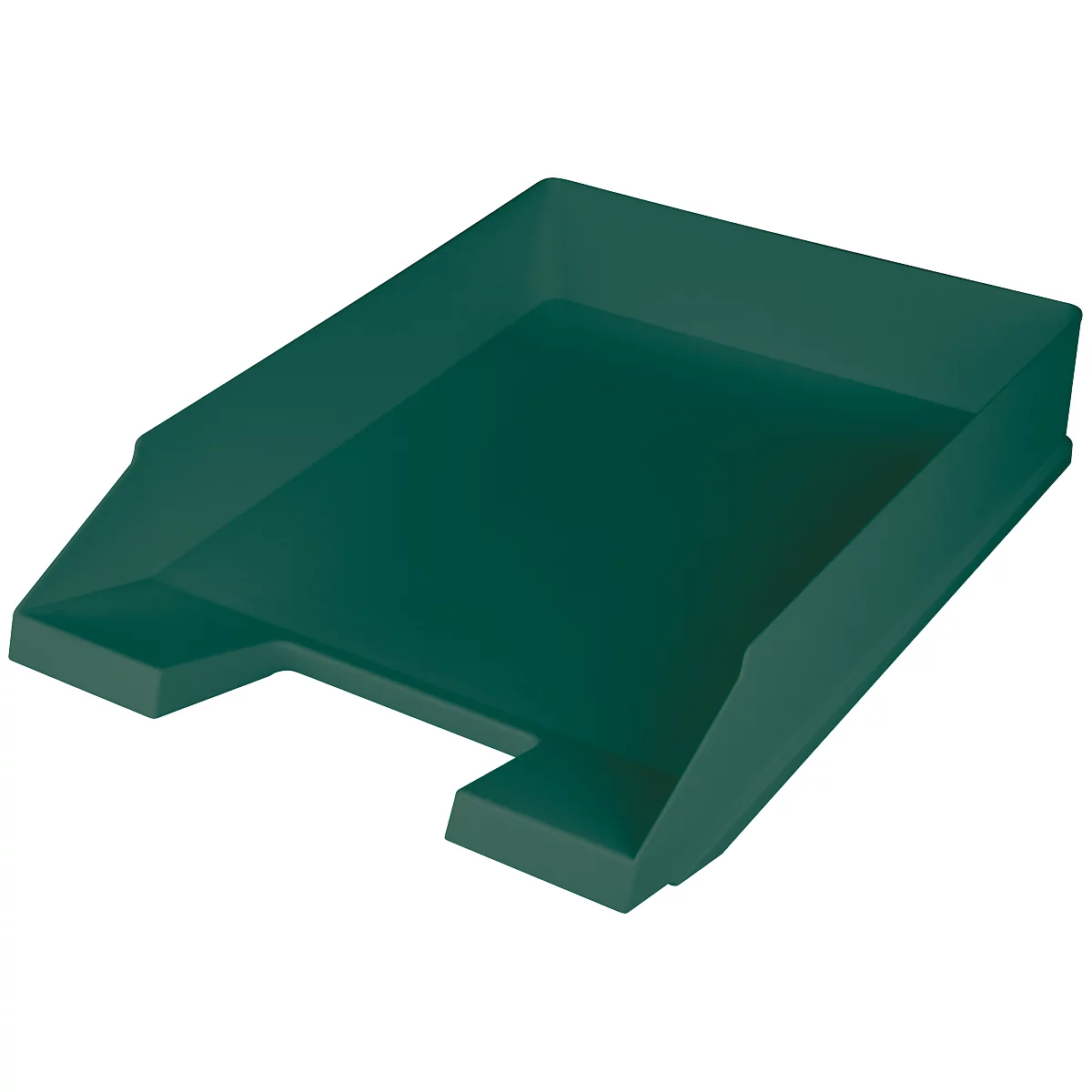 Green desk tray. Rectangular with raised sides and a cut-out at the front.