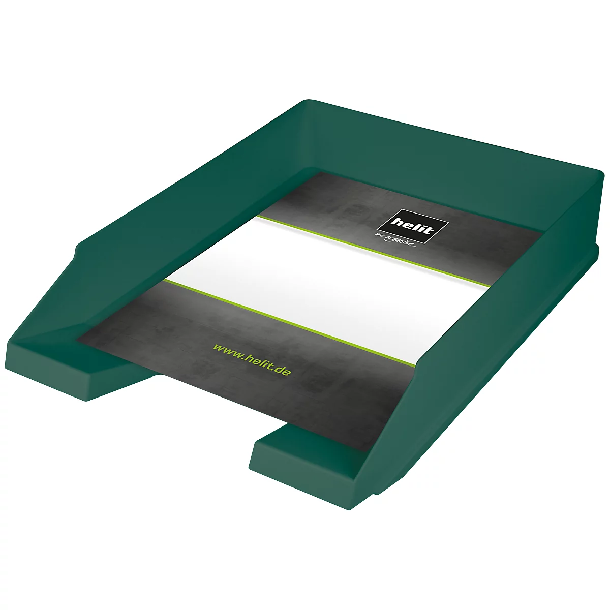 Green letter tray with inserted paper, helit logo.