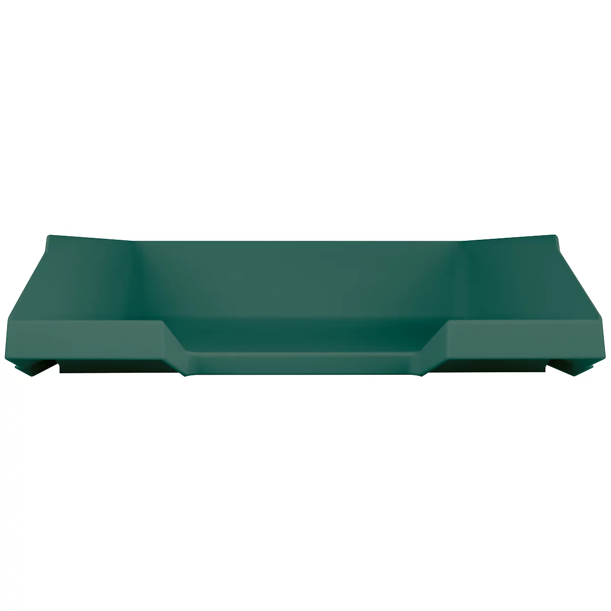 Green rectangular container with sloped sides. It stands on small feet.