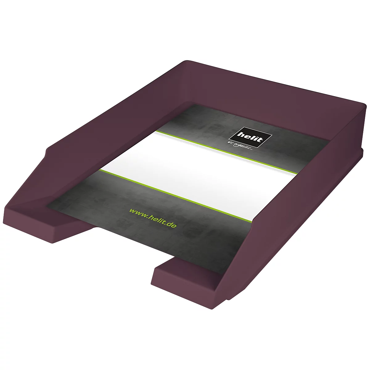 Dark red tray with paper inserted. The helit logo can be seen on the paper.