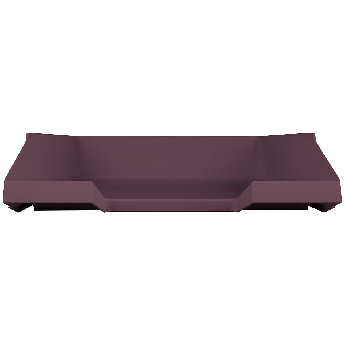 Wine-red sofa with low armrests, minimalist design.