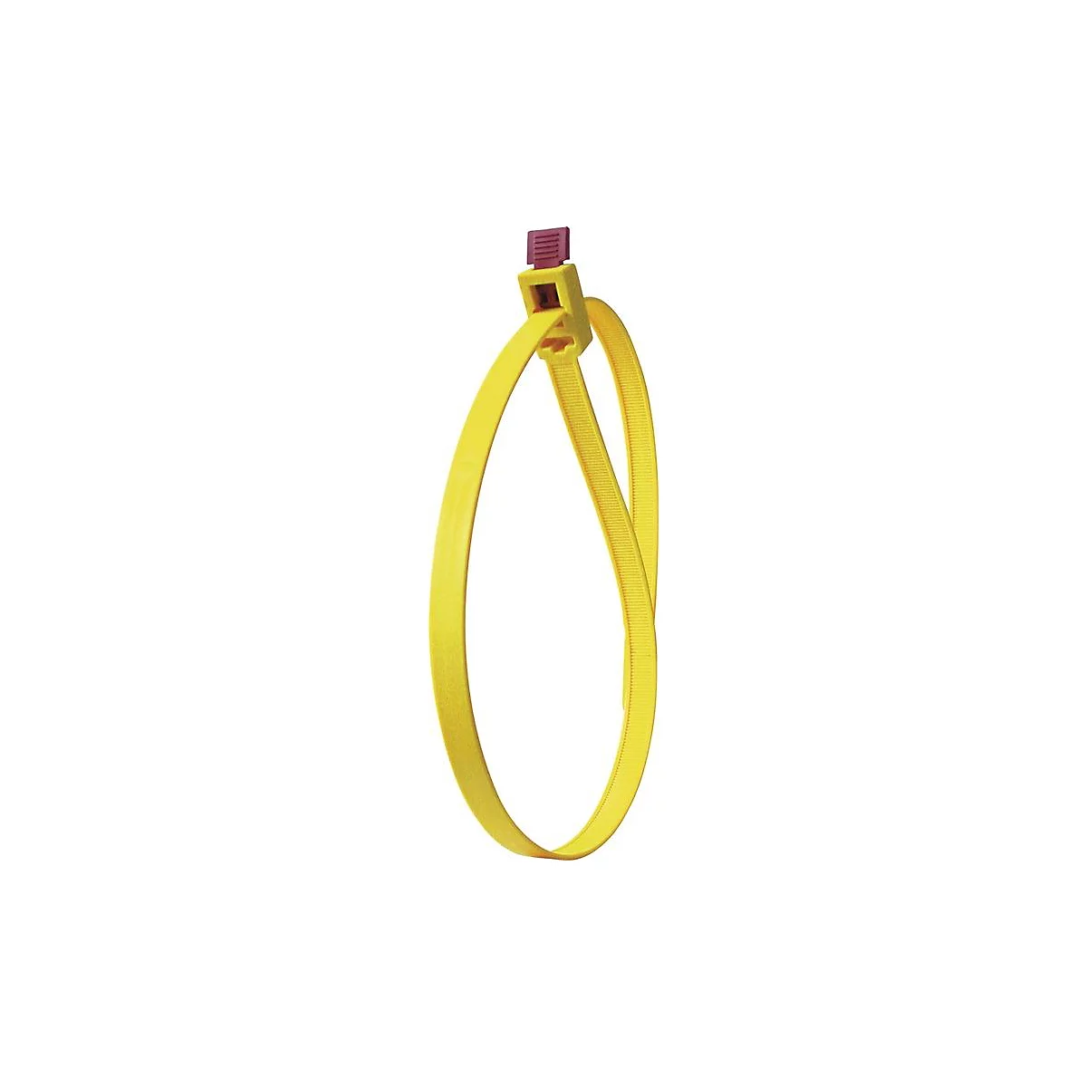 Collier de serrage jaune, fermé. La fermeture est jaune avec une partie rouge.