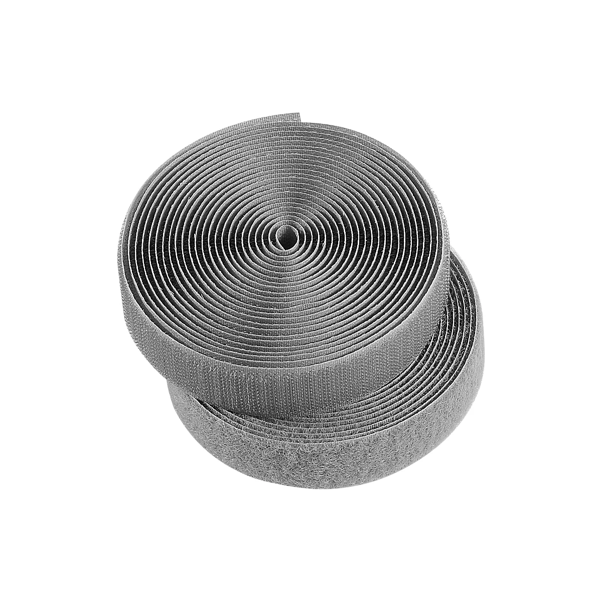 Two gray velcro rolls, rolled up in concentric circles. The fabric has a rough texture.