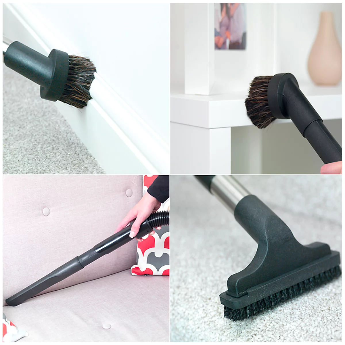 Different vacuum cleaner attachments in use: brush at a corner, at a trim, crevice tool on sofa, floor brush on carpet.