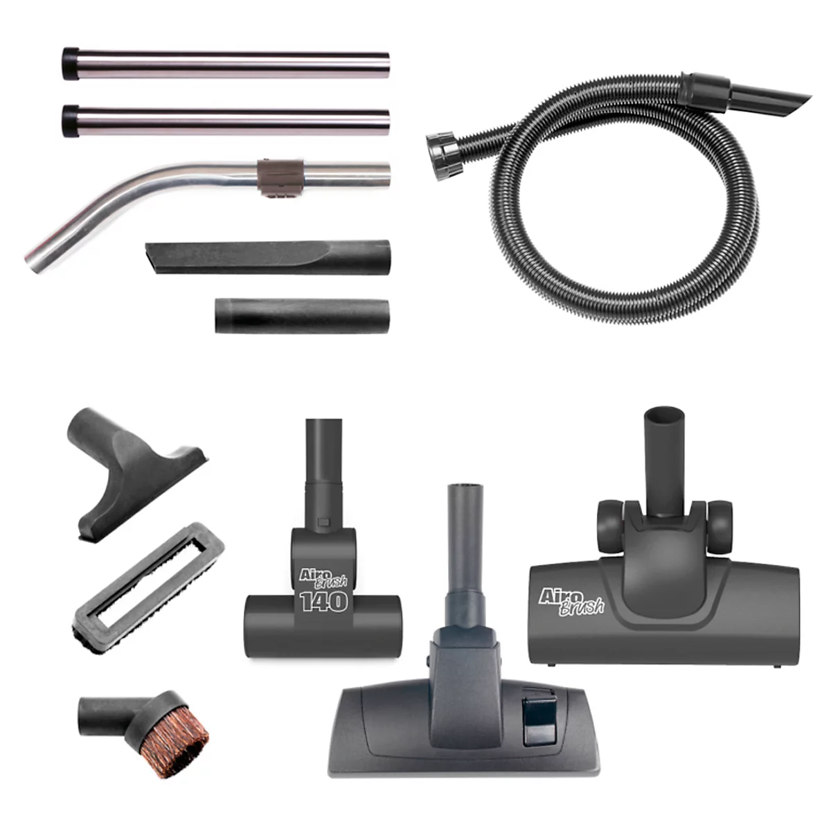 Various vacuum cleaner attachments and accessories, including tubes, brushes, and nozzles.