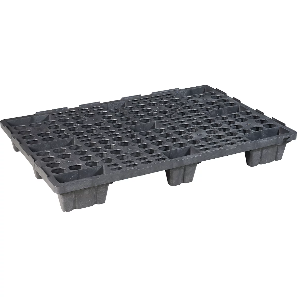 Herbruikbare kunststof stapelpallet KIGAnesto®, 7 kg, geperforeerd dek, tot 3500 kg, stapelbaar, 100% gerecycled materiaal, met rand, antraciet