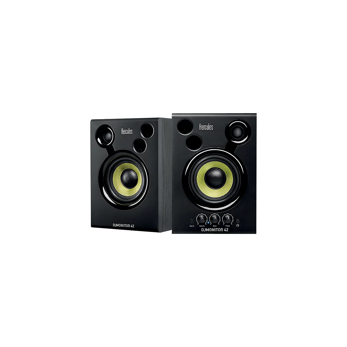 Zwei schwarze Hercules DJMonitor 42 Lautsprecher mit gelben Woofern vor weißem Hintergrund.