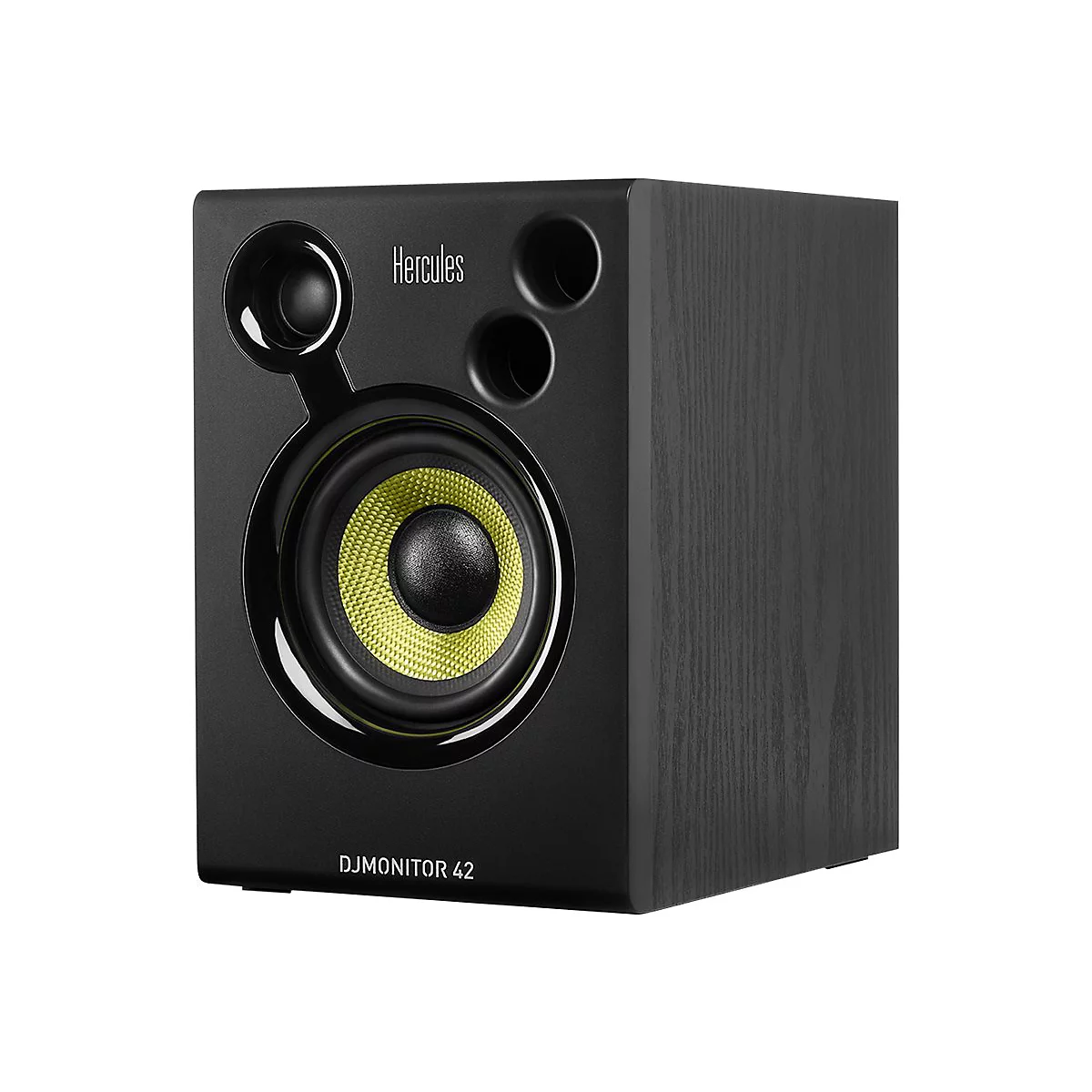 Schwarzer Hercules DJMonitor 42 Lautsprecher mit markantem, gelbem Tieftöner vor neutralem Hintergrund.