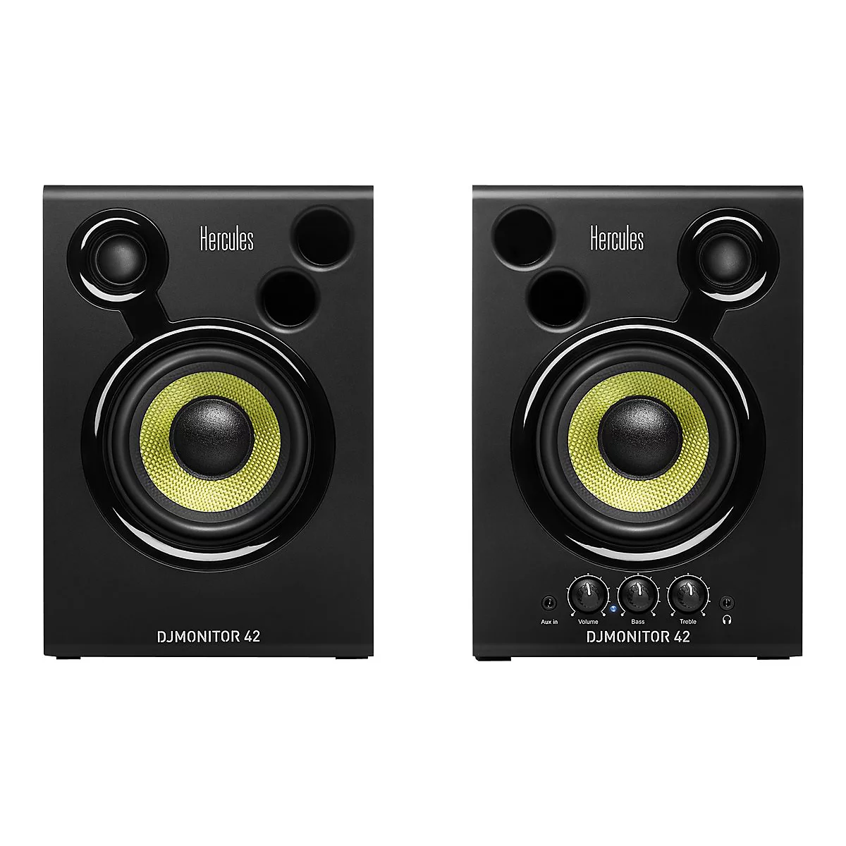 Zwei schwarze Hercules DJ Monitor 42 Lautsprecher mit gelben Tieftöner-Membranen vor weißem Hintergrund.