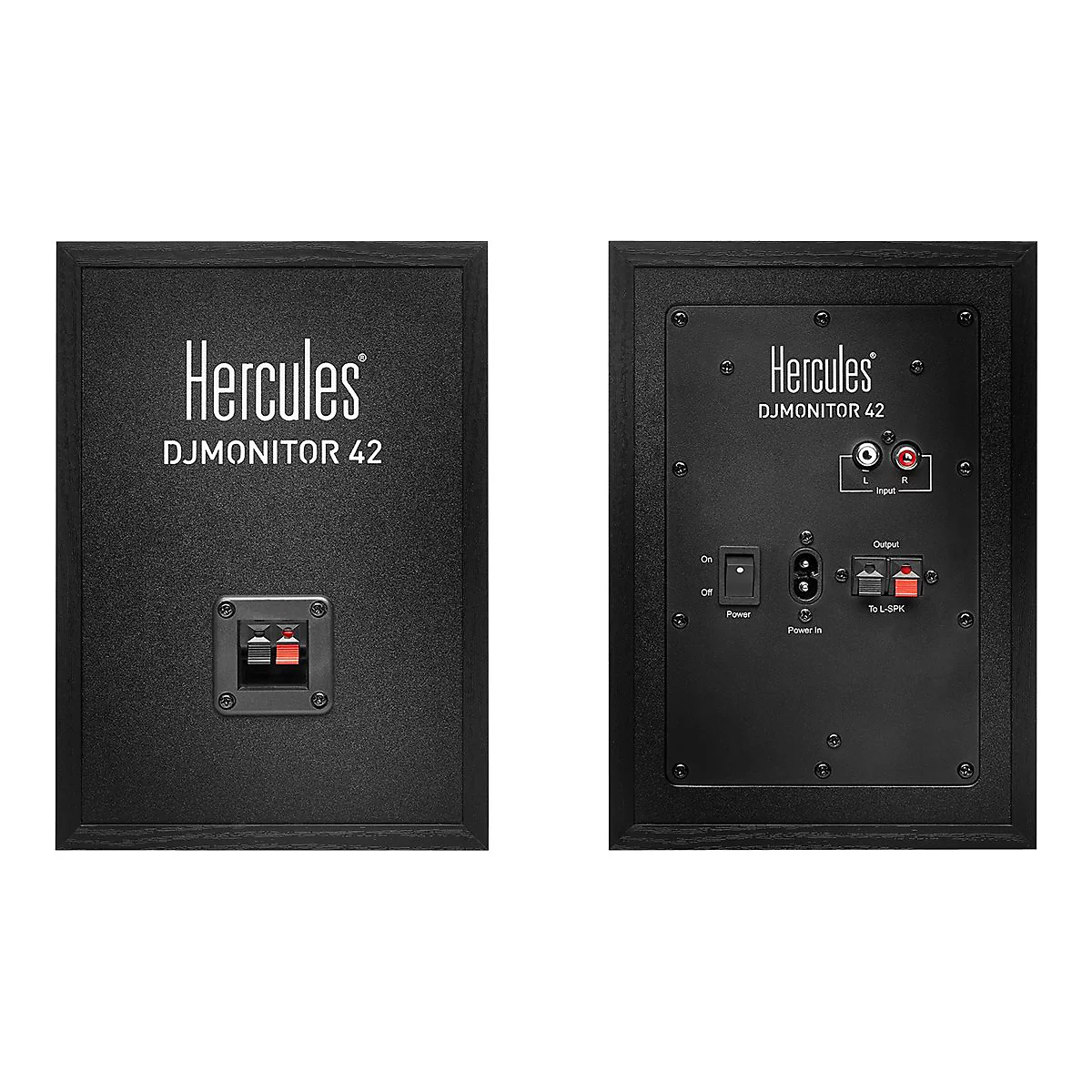 Rückansicht zweier Hercules DJMonitor 42 Lautsprecher mit Anschlüssen und Reglern auf schwarzem Hintergrund.