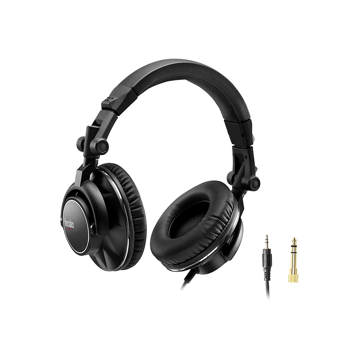 Schwarze Over-Ear DJ-Kopfhörer mit Hercules-Logo und beiliegendem 6,35-mm-Klinkenadapter auf weißem Grund.