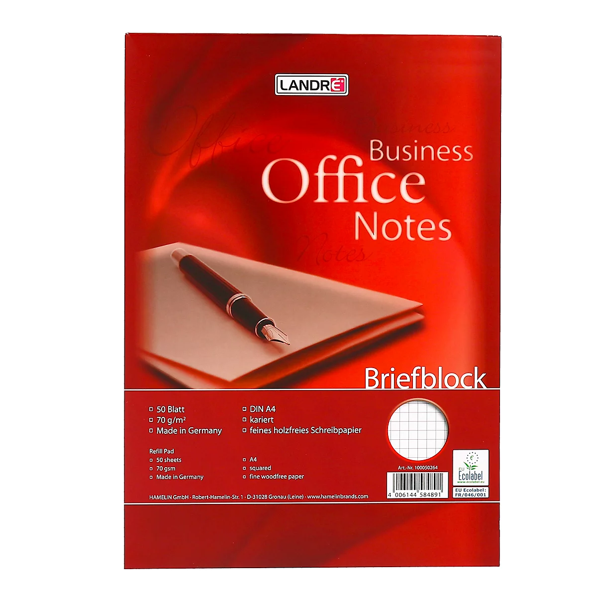 Roter Briefblock mit dem Schriftzug 'Business Office Notes'. Eine Feder liegt auf den Blättern.