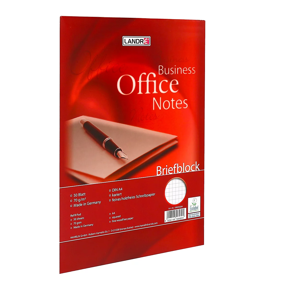 Ein roter Notizblock mit schwarzem Stift. Aufgedruckte Schriftzüge: "Business Office Notes", "Briefblock".