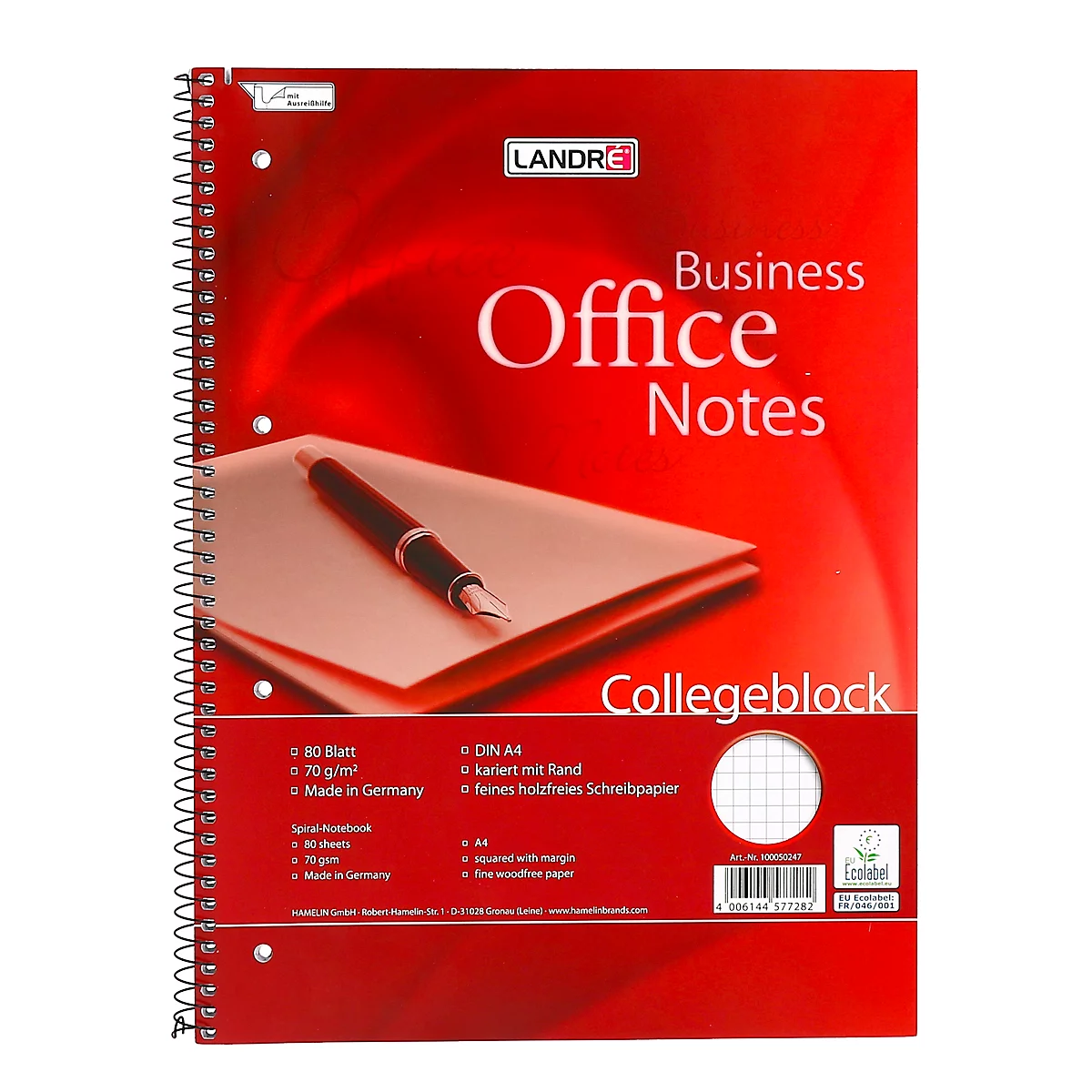 Ein rotes Spiral-Notizbuch mit weißem Papier und Stift. Auf der Vorderseite steht 'Business Office Notes' und 'Collegeblock'.