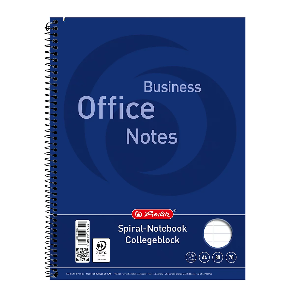 Blaues Herlitz A4 Spiralnotizbuch mit schwarzer Spirale und Aufdruck Business Office Notes.