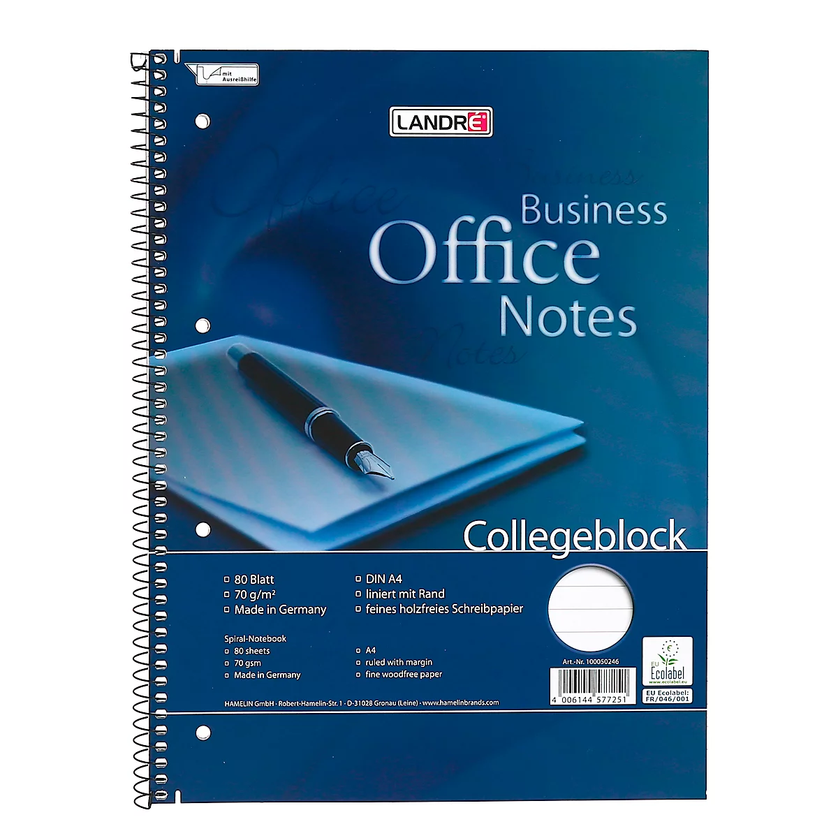 Blaues Collegeblock mit Spirale und Aufdruck. „Business Office Notes“ ist lesbar.