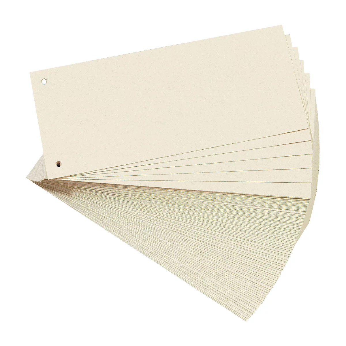 A fan of beige index cards with a hole punch. The stack below shows many more cards.