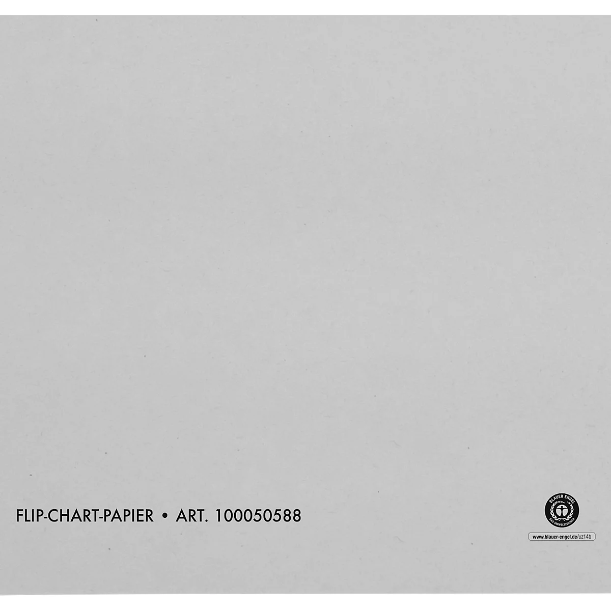 Hoja de papel para rotafolio blanca con texto impreso abajo a la izquierda y el sello del ángel azul abajo a la derecha.