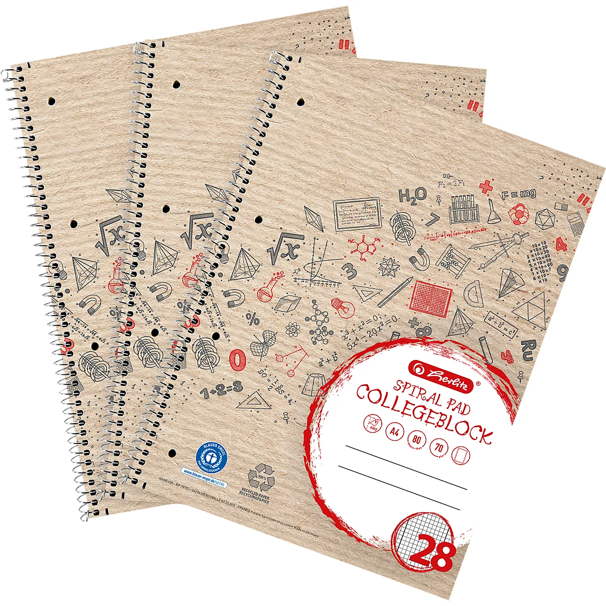 Drie spiraalblokken met een bruine omslag van gerecycled papier en prints van wetenschappelijke symbolen.