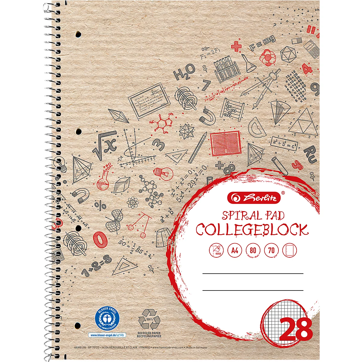 Spiraalschrift van bruin gerecycled papier met wetenschappelijke symbolen en rood Herlitz-logo.