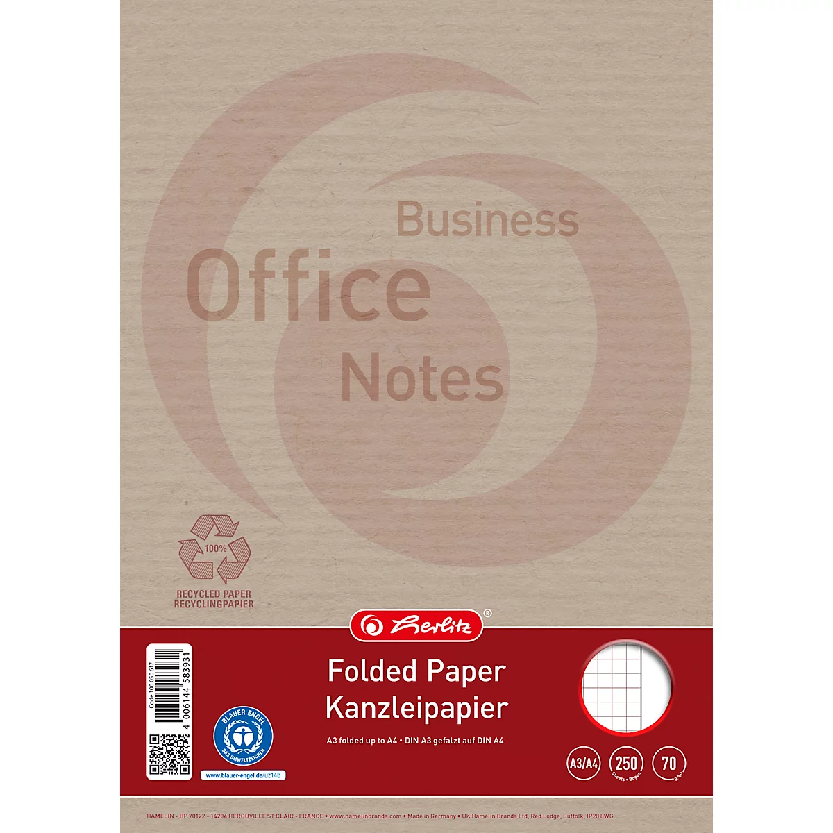 Herlitz kantoorpapier verpakking op bruin gerecycled papier met rood infogedeelte.