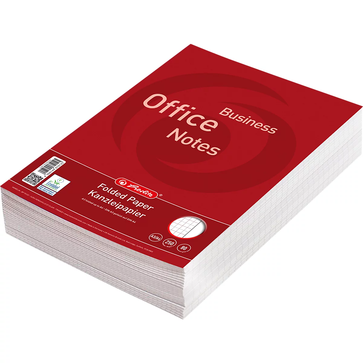 Pile de papier de bureau blanc dans un emballage rouge avec l'inscription Office Notes et le logo Herlitz.