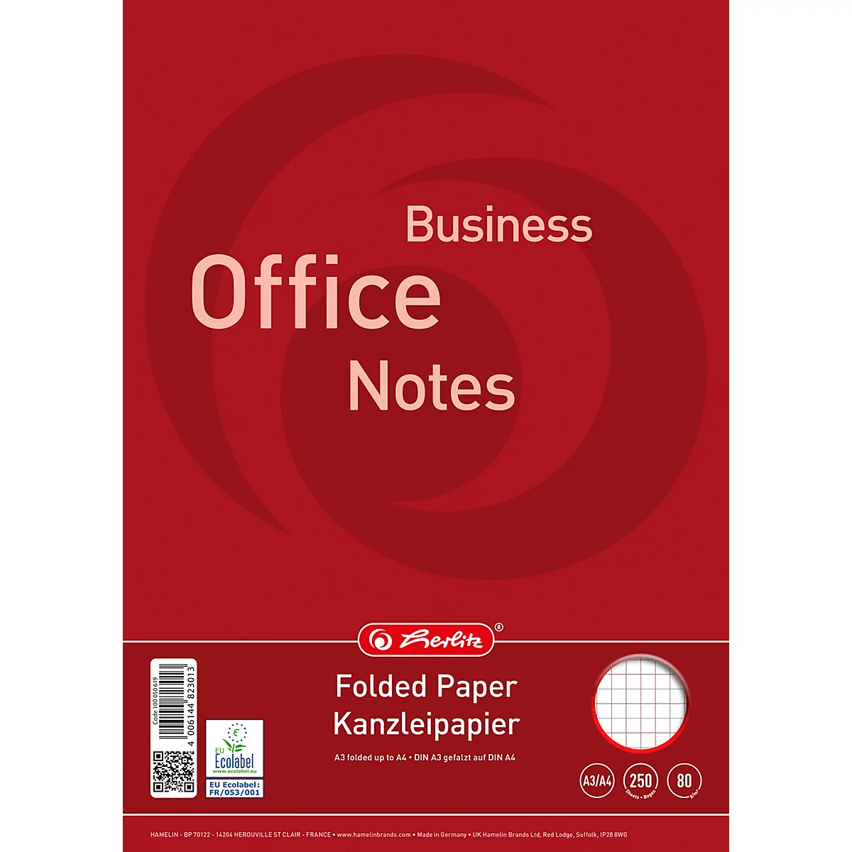 Emballage rouge de papier à lettres Herlitz Office Notes, A3 plié en A4, avec label écologique.