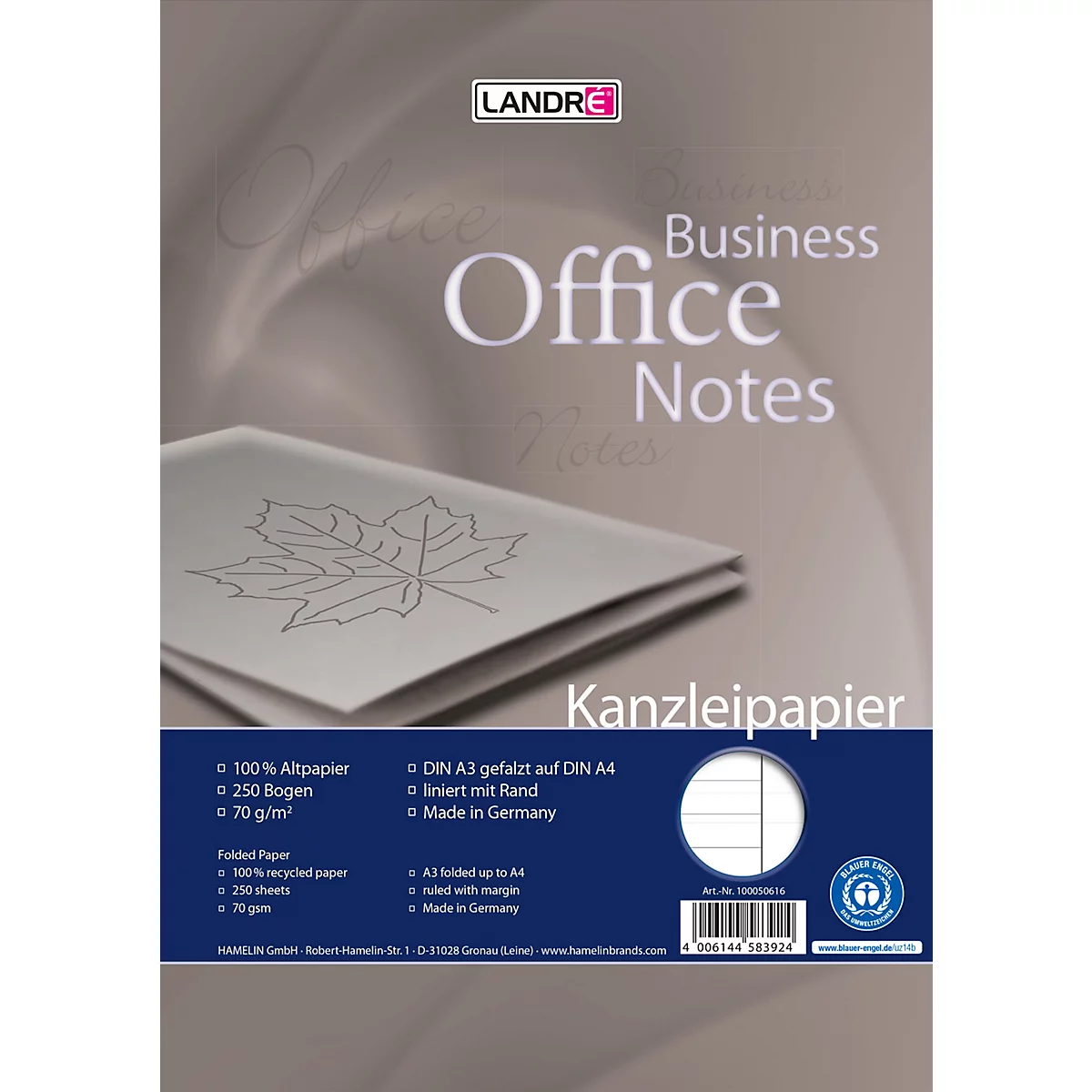 Kanzleipapier-Packung mit dem Label "LANDRE Office Notes". Das Papier ist gefaltet und mit Linien versehen, Details sind auf der Verpackung abgedruckt.
